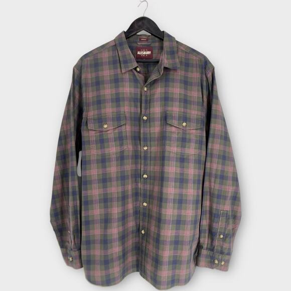 Alesbury Mens Samson Long Sleeve Work Button Down Olive Green Plaid Shirt XL - Picture 1 of 12